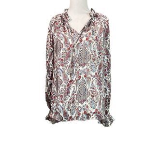 H&M Paisley Semi Sheer Striped Long Sleeve Blouse Tie Neck Peasant Top